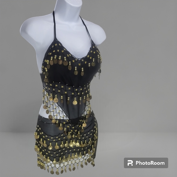 2-Piece Sexy Bellydancing Arabian Costume Set-Black with Gold Coins - Picture 1 of 10